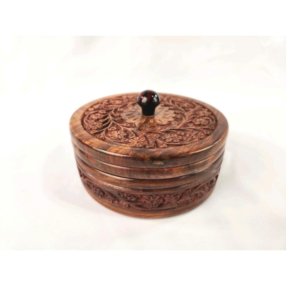 Handcrafted Wooden Chapati Box Wood Divided Floral Carving Decorative Container
